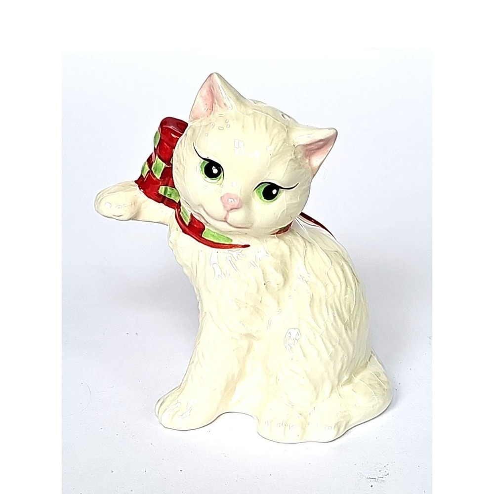 Vintage Fitz and Floyd White Cat Shaker Red Green Plaid Bow Holiday Decor FF